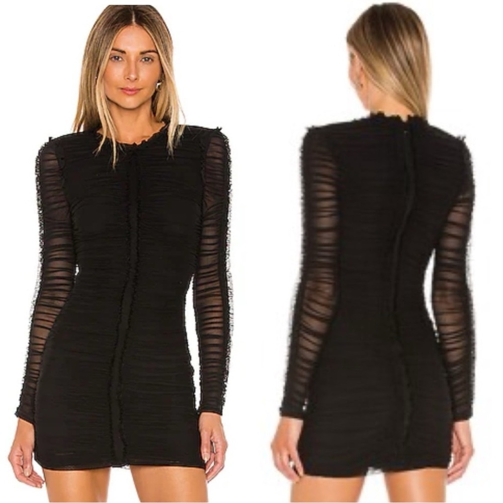 REVOLVE x NBD Las Olas Black Ruched Mesh Long Sleeve Dress